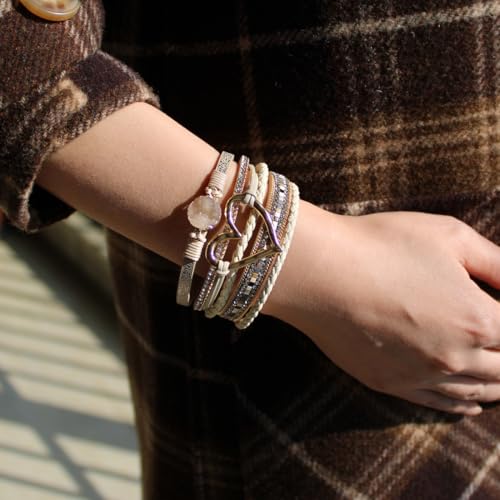 Womens Multi Layer Heart Leather Wrap Bracelet Boho Stackable Cuff Bangle Magnetic Clasp Crystal Birthday Valentine Gift - color: Khaki
