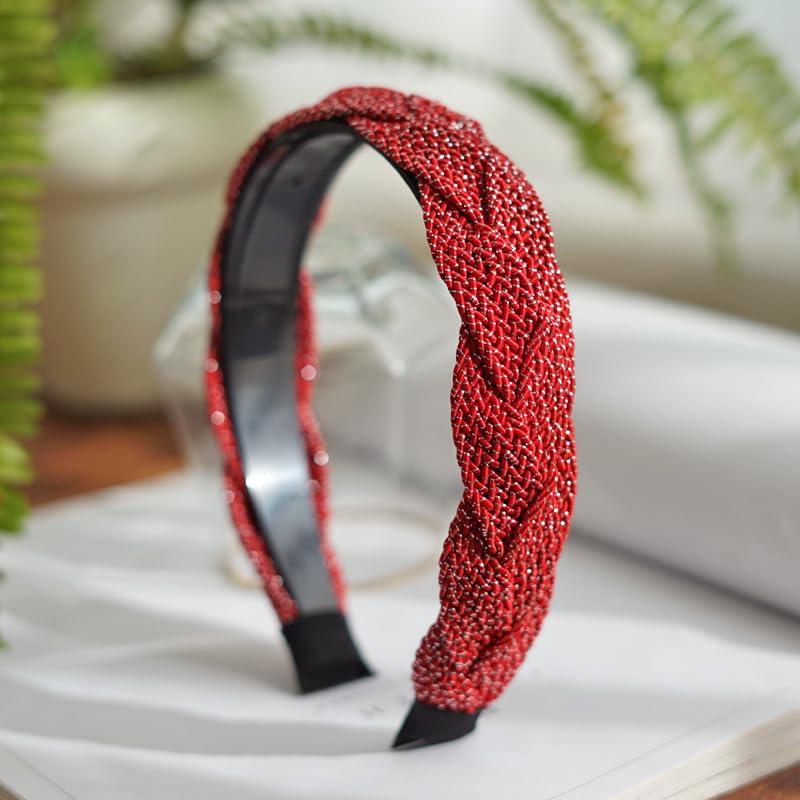 Braided Headband for Women-Vintage Fabric High Crown Headband with Non-Slip Teeth, Cute Boho Knotted Hair Band for Women & Teens (31-Red, One Size) - color: 31-Red