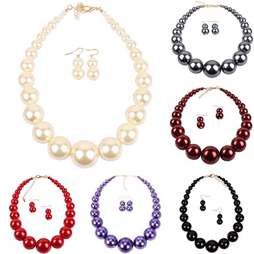 Fuqimanman2020 Chunky Large Simulated Pearl Choker Necklace Drop Dangle Earrings Crystal Bib Big Round Beaded Strand Multicolor Costume Statement Wedding Jewelry Set for Women Brides - color: Black