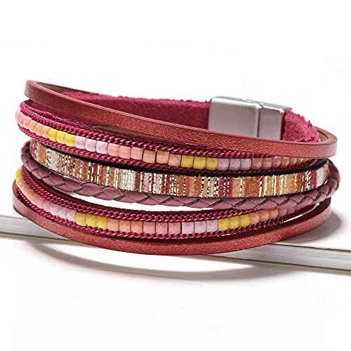 Fesciory Leather Wrap Bracelets for Women, Boho Leopard Multi-Layer Crystal Beads Cuff Bracelet Jewelry - color: Boho Braid(Red)