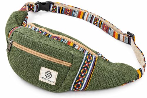 Freakmandu Eco-Friendly Green Boho Hippie Style Hemp Fanny Pack Cross Body Hip Waist Bag for Hiking Running Jogging (Safari) - color: Safari