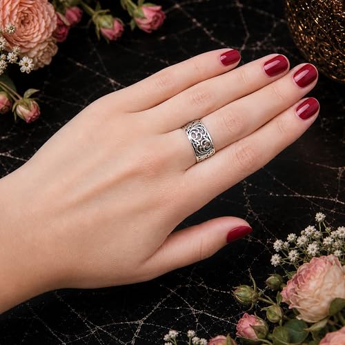 Norwegian Rosemaling Ring - Sterling Silver Floral Filigree Band - Wide Vintage Style Wedding Band Plus Size - Norse Nordic Jewelry for Women - Handmade