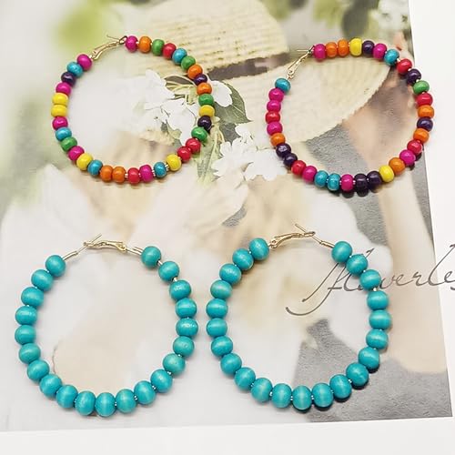 Bohemian Colorful Acrylic Resin Matte Beads Round Circle Hoop Drop Dangle Minimalist Chic Lightweight Earrings for Women Boho Geometric Beaded Statement Jewelry - color: blue 1