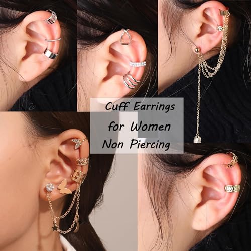 66Pcs Ear Cuff Earrings for Women Non Piercing, Fake Earrings, Silver Clip on Cartilage Earrings for Sensitive Ears Gold Ear Wrap Earrings for Helix Cartilage Butterfly Ear Cuffs Non Piercing