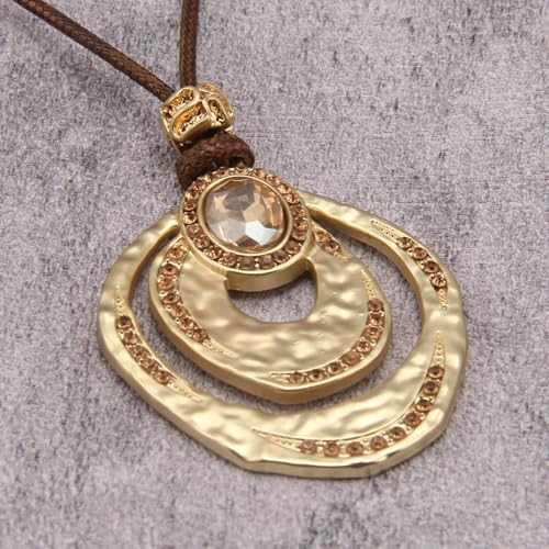 GelConnie Leather Necklace for Women Round Wooden Pendant Long Leather Choker Vintage Sweater Necklace Gold Chunky Boho Necklaces for Women - style: Crystal Gold Necklace