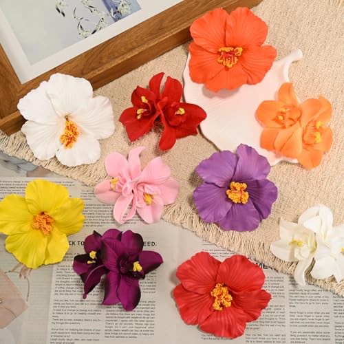 10 pcs Hawaiian Flower Hair Clips for Women，Orchid Hibiscus Hair Clips Artificial Flower Clips，Boho Hair Accessories for Vacation Beach Party - Hibiscus & Orchid - color: Hibiscus & Orchid