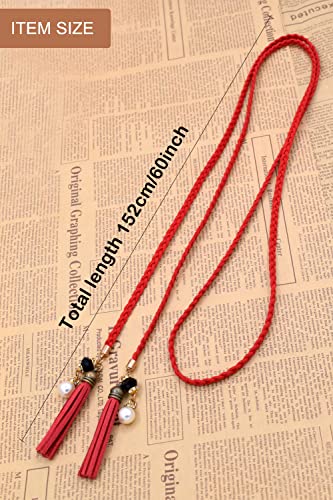 TeeYee Waist Belt Woven Knitted Rope/Chain PU leather 3 Pieces Tassel Rope Skinny Belt - color: 257redkakicoffee