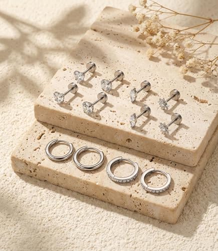 Incaton Hypoallergenic Flat Back Earrings for Women Silver 14K Gold Plated Surgical Stainless Steel Stud Earrings Cubic Zirconia Cartilage Studs Earrings For Multiple Piercing Sensitive Ears - color: K-Silver