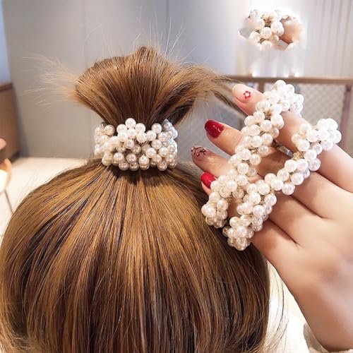 Pearl Hair Scrunchies, Elastic Hair Ties, Beaded Ponytail Holders for Women, Cream White, 2 Pack