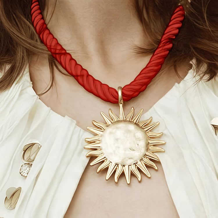 Exquisite Gold Sun Pendant Red Rope Necklace - Retro Round Coin Necklace - Ladies