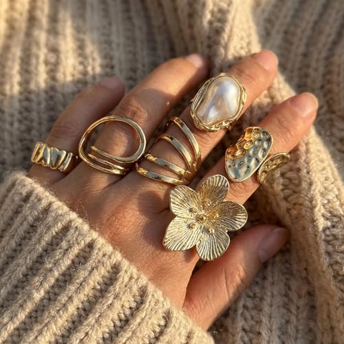 Gold Rings for Women Non Tarnish Stackable Rhinestone Moon Star Rings Dainty Stacking Pearl Butterfly Midi Pinky Thumb Joint Finger Knuckle Ring Set Gold Non Tarnish Jewelry Gifts Trendy Stuff - color: R Chunky Gold Rings 6Pcs
