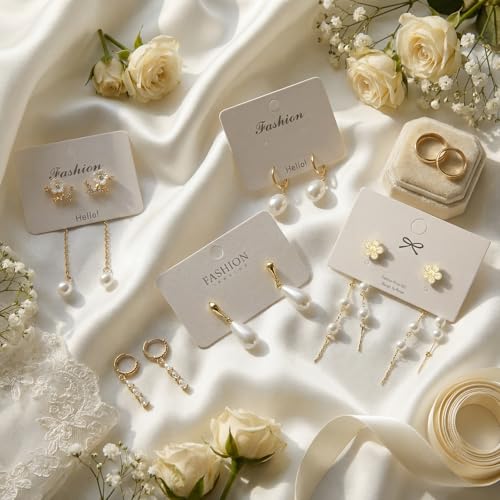 Nosiny 8 Pairs Gold Dangle Pearl Drop Earrings Set for Women Long Tassel Threader Chain Flower Sparkling Cz Threader Drop Earring Chain Wedding Bridal Earring Set for Women Trendy