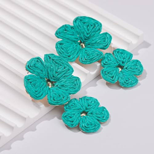 Boho Flower Earrings Statement Raffia Dangle Earrings Cute Floral Jewelry Trendy Summer Beach Vacation Outfits for Women - color: Teal