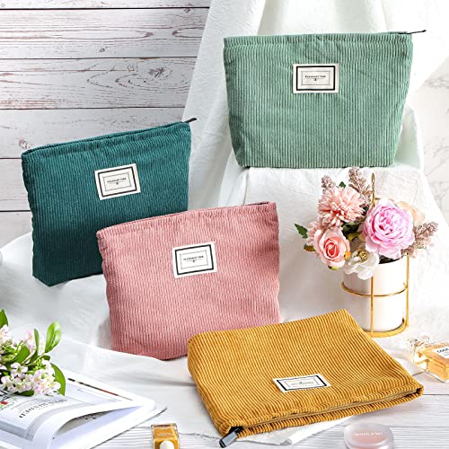 Sanwuta 4 Pack Velvet Makeup Bag Cosmetic Bag for Women Large Capacity Corduroy Pouch Zipper Canvas Travel Toiletry Purse Make up Organizer Case Accessories(Retro Color,Plaid) - color: Retro Color