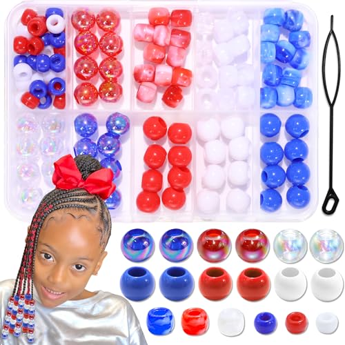 NAISKA 114PCS 4th of July Beads for Hair Blue Red Hair Beads Patriotic Bead Sets 12 Styles Loc Bead 250th Anniversary Independence Day Hair Accessories for Kids Girls - color: Blue&Red&White