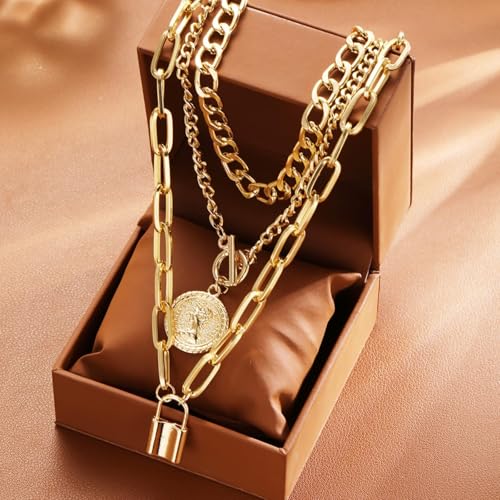 Gold Stack Necklace Chunky Necklaces for Women Trendy Coin Pendant Long Necklaces Western Jewelry for Women Cowgirl Cowboy Chic Country Outfit Boho Accessories Birthday Jewelry Gifts - color: B1: Gold Lock Necklace Stack