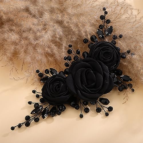 Kercisbeauty Sofe Chiffon Black Rose Flower Headband with Rhinestones Crystal Beads Women Girls Handmade Black Hair Jewelry Wedding Hair Piece