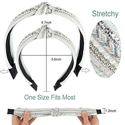 TOBATOBA Knotted Headbands for Women, 3 Pack Rhinestones Pearl Beaded Headbands, Top Knot Boho Head bands, Wide Turban Crystal Pearl Sequin Head bands, Vintage Non Slip Diamond Beaded Bling Hair Band - color: Color 1