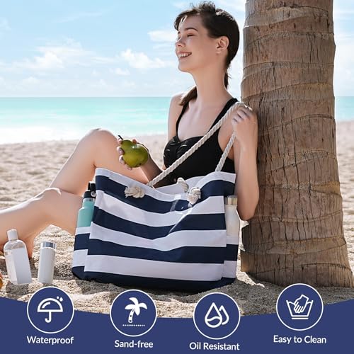 Clothirily Beach Bag for Women - Large Beach Tote Bag, Waterproof Sandproof Beach Bag with Zipper, Large Swim Pool Beach Tote - color: Navy Blue