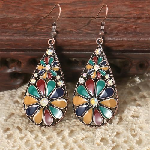 coadipress Bohemian Flower Teardrop Earrings for Women Trendy Vintage Colorful Hollow Out Flower Floral Dangle Earrings Bohemian Handmade Ethnic Statement Jewelry - color: Green Red