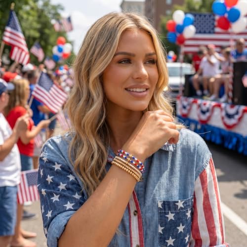 14K Gold Plated Beaded Bracelets Stack Set for Women,Stretch Boho Colorful Beads Ball Jewelry Friendship Summer Trendy - color: 4th of july