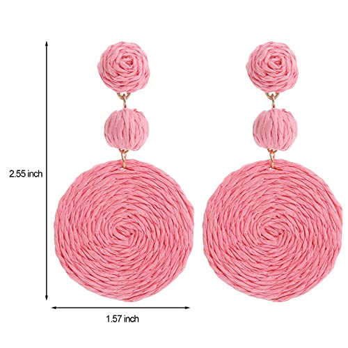 Boho Raffia Ball Earrings for Women, Handmade Statement Drop Earrings Straw Dangle Earrings Beach Vacation Jewelry - color: Pink