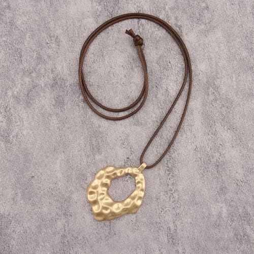 GelConnie Leather Necklaces Turquoise Long Boho Necklaces for Women Brown Chunky Circle Pendant Chocker Necklace Gold Sweater Necklace - style: Boho Statement Necklace