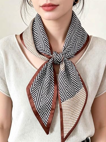 kcctoo 59" Mulberry Silk Like Head Scarf Women's Fashion Square Neck Satin Scarfs for Bag Hair Scarves Gift 59 * 5.9” - color: B003-brown Border Check
