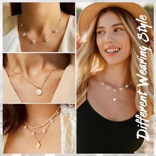 Trinckle Pearl Necklaces for Women, Gold Pearl Choker Single Pendant Necklace Layered Daisy Jewelry for Prom Birthday Gifts, Prom Wedding Strands for Bride Bridesmaids as Beach Summer Accessories - style: Daisy necklace