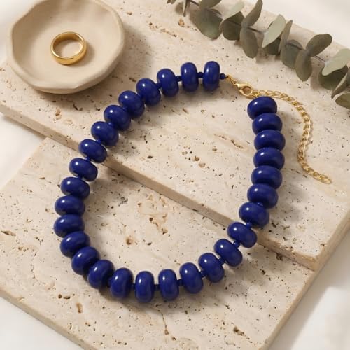 Multi-Color Chunky Beaded Necklace for Women, Vibrant Acrylic Candy Bead Choker Necklace with Adjustable Stainless Steel Clasp, Summer Statement Jewelry for Festivals - color: Blue
