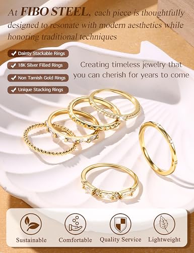 FIBO STEEL Gold Rings for Women Non Tarnish Dainty Stackable Ring Set Hypoallergenic Cubic Zirconia Wedding Band Promise Bands for Her Women's Jewelry Size 5-10 - color: Gold Filled