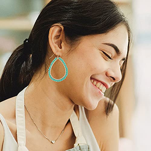 Bohemian Boho Teardrop Dangle Drop Earrings for Women – Delicate - Handcrafted Wire Wrapped Colorful Faceted Glass Beads – Gold Plated – with Gift Box Included - color: Mint Alabaster Teal