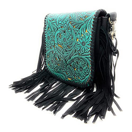 Western Genuine Leather Floral Tooled Fringe Womens Crossbody Bag 3 Color - color: Black/Turq