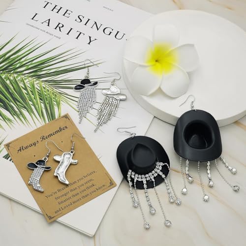 RechicGu 3 Pairs Western Cowgirl Cowboy Hat Earrings Set Silver Symmetric Boots Sparkly Rhinestone Tassels Drop Dangle Rural Culture Earrings Set For Women - color: Silver Boots,Black Hat