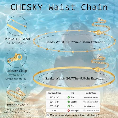 CHESKY 14K Gold Plated Silver Plated Waist Chain for Women, Layered Belly Belt Chains Beach Waist Beads Chain Waterproof Snake Cuban Body Chain Summer Jewelry Accessories for Women - style: snake bead-gd