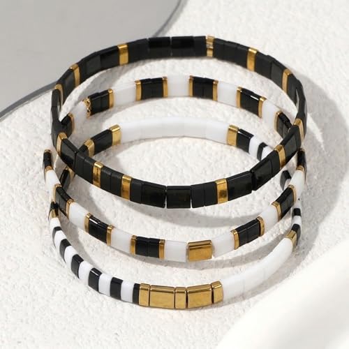 Tila Flat Square Stack Beaded Bracelets Set for Women Men, Boho 3Pcs Romantic Handmade Healing Gold Colorful Stretch Accessories Jewelry, Daily Vacation Party Holiday Friendship Gift - color: Black White Black