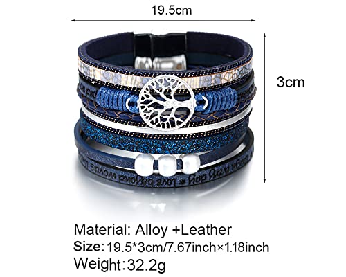 Fesciory Leather Wrap Bracelets for Women, Boho Leopard Multi-Layer Crystal Beads Cuff Bracelet Jewelry - color: B26:Tree of Life(Blue)