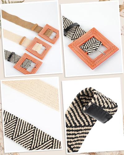 WILLBOND 3 Pcs Women Straw Stretch Belt Elastic Rattan Belts Straw Boho Raffia Belts for Ladies Woven Waist Belt for Dresses - size: Large, style: Square Buckle