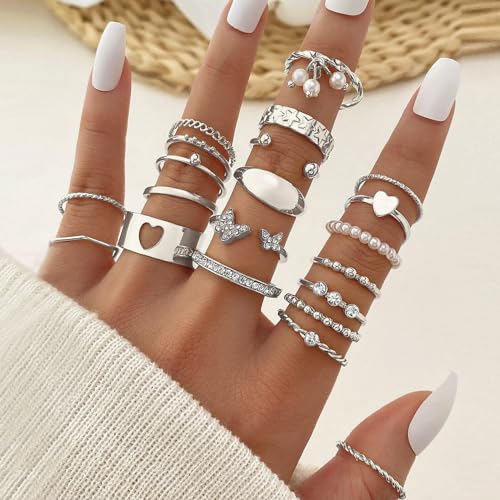 22 Pcs Gold Vintage Knuckle Rings Set for Women,Stackable Boho Finger Rings Hollow Out Design Adjustable Ring Pack for Women - color: Silver