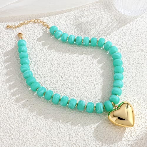 WOWORAMA Chunky Heart Necklaces for Women Colorful Resin Beaded Choker Necklace Gold Puffy Heart Statement Necklace Trendy Acrylic Choker Jewelry - color: Blue