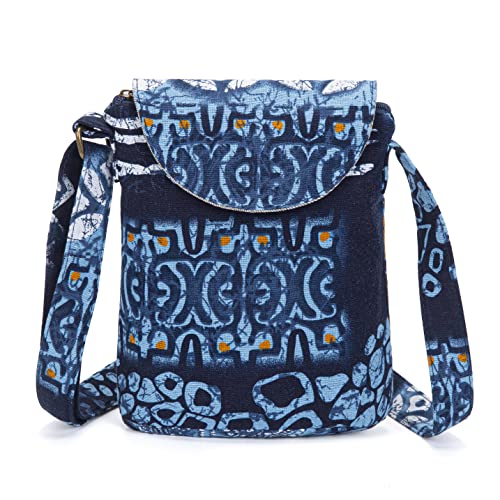 OPQRSTU Women's Retro Small Size Canvas Shoulder Bag Hippie Boho Crossbody Handbag - color: Blue White