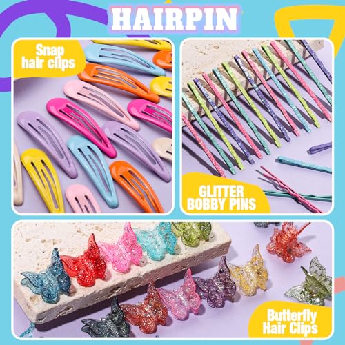 Teenitor Hair Accessories for Girls, Colorful Elastic Hair Ties Set with Hair Clips, Glitter Bobby Pins and Butterfly Hair Clips, Small Hair Ties for Toddler, Baby, Kids