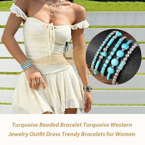 Long tiantian Western Turquoise Beaded Bracelet Set for Women Stackable Cowgirl Bracelets Boho Concho Jewelry Country Concert Rodeo Outfit Accessories Gifts - color: A5:turquoise bracelet for women