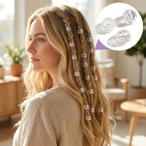 OIIKI 150pcs Clear Hair Beads for Braids, Plastic Loc Dreadlock Large Hole Pony Beads, Crystal Hair Bead Assortments Decoration for Jewelry Making Bracelets Necklaces DIY Crafts- 0.47x0.39in