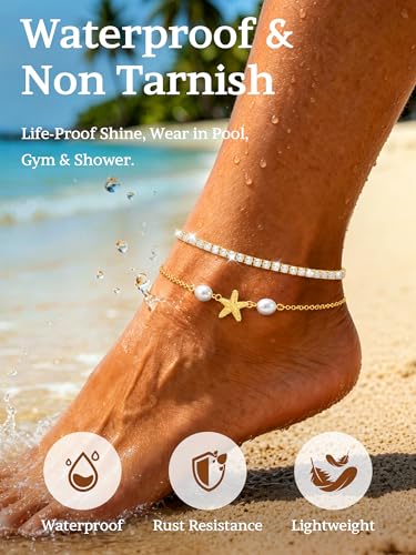 2 PCS Gold/Silver Ankle Bracelets for Women 14K Gold Plated Anklet Set Non Tarnish Waterproof Adjustable Dainty Stackable Layered Hypoallergenic Beach Essentials Summer Jewelry Gift - style: Style5