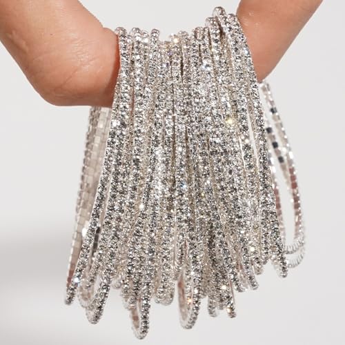 14K Gold Plated Dainty 10Pcs Colorful Cubic Zircon Crystal Beaded Adjustable Stackable Stretch Sparkling Tennis Chain Bracelet Set Birthday Wedding Jewelry for Women - color: silver