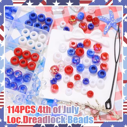 NAISKA 114PCS 4th of July Beads for Hair Blue Red Hair Beads Patriotic Bead Sets 12 Styles Loc Bead 250th Anniversary Independence Day Hair Accessories for Kids Girls - color: Blue&Red&White