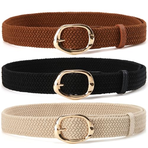 Yaopeing 3 Pack Braided Canvas Stretch Woven Belt for Women Ladies,Elastic Waist Belt for Dress