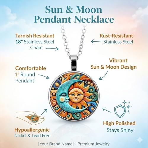1pc Stunning Round Pendant Necklace - Unique Sun & Moon Pattern, Oil Painting Style Glass Mosaic, Alloy Construction, Trendy Sweater Chain, Fashionable Gift for Women - Christmas or Birthday Gift - color: Orange Sun/Blue Moon (Silver)