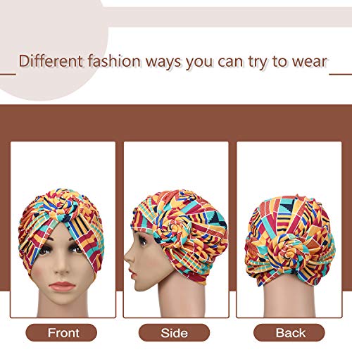 SATINIOR 4 Pieces African Pattern Headwrap Pre-Tied Bonnet Turban Knot Beanie Cap Headwrap Hat - style: Geometry Leopard Coffee Style